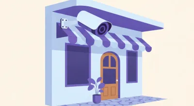 Ilustración de una cámara EZVIZ exterior montada bajo el alero de un local, enfocando la vereda y la puerta de entrada