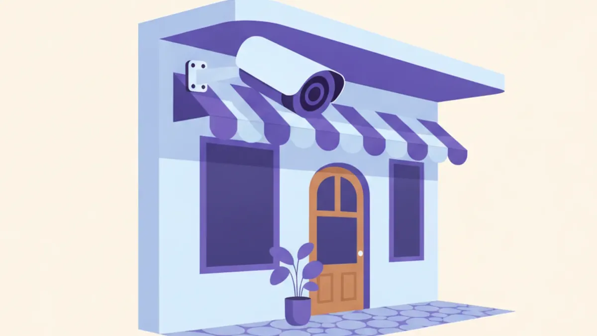 Ilustración de una cámara EZVIZ exterior montada bajo el alero de un local, enfocando la vereda y la puerta de entrada
