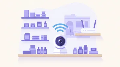 Ilustración de una cámara Tapo C200 giratoria sobre un estante de un negocio chico, conectada por Wi-Fi a un router