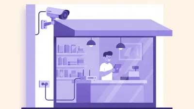 Ilustración de una cámara Dahua tipo bullet montada afuera de un negocio, cableada por PoE hasta un grabador NVR en el mostrador
