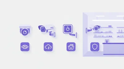 Ilustración de cinco cámaras de seguridad de distintas marcas montadas en la pared de un comercio, cada una con su propio ícono de app