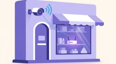 Ilustración de una cámara EZVIZ fija montada en la fachada de un comercio, conectada por Wi-Fi al router del local