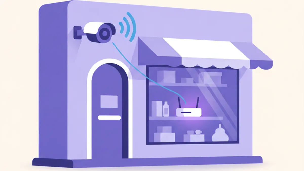 Ilustración de una cámara EZVIZ fija montada en la fachada de un comercio, conectada por Wi-Fi al router del local