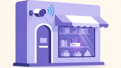 Ilustración de una cámara EZVIZ fija montada en la fachada de un comercio, conectada por Wi-Fi al router del local