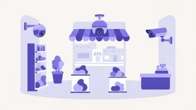Ilustración de tres cámaras Imou distintas (una giratoria de interior, una PTZ de exterior y una fija) ubicadas en distintos puntos de un comercio