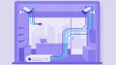 Ilustración de un switch PoE de escritorio con varios cables de red saliendo hacia cámaras Dahua y Hikvision montadas en las esquinas de un local