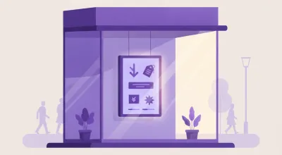 Ilustración de una pantalla vertical instalada del lado de adentro de la vidriera de un local, mostrando ofertas visibles desde la vereda con sol de frente