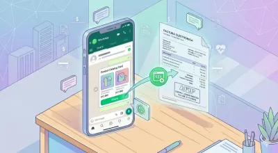 Chat de WhatsApp con tarjeta de producto incrustada y flecha que conecta a una factura electrónica generada automáticamente
