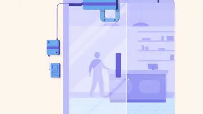 Ilustración de una cerradura electromagnética instalada en el marco superior de una puerta de vidrio con su soporte en U