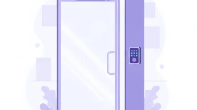 Ilustración de una puerta de comercio con un electroimán en el marco superior y un teclado de cerradura inteligente junto a la manija