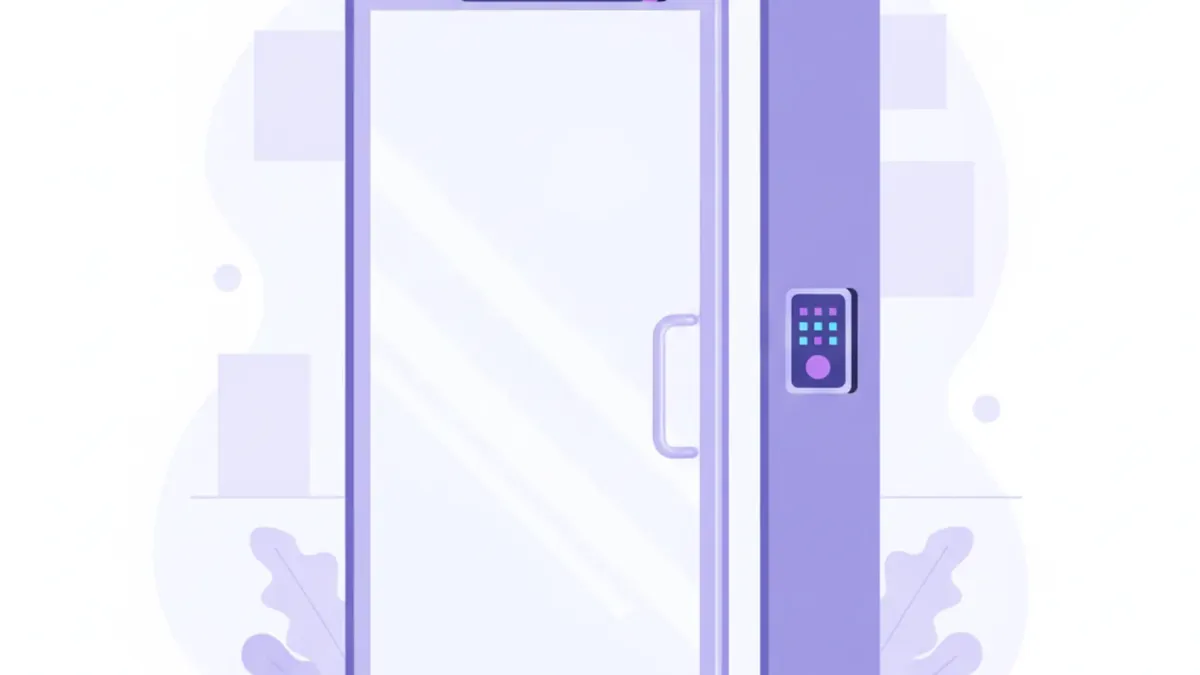 Ilustración de una puerta de comercio con un electroimán en el marco superior y un teclado de cerradura inteligente junto a la manija
