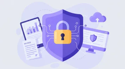 Ilustración flat del Certificado de Sello Digital del SAT de México, representado como un escudo digital con candado sobre un documento XML, en tonos violeta y azul
