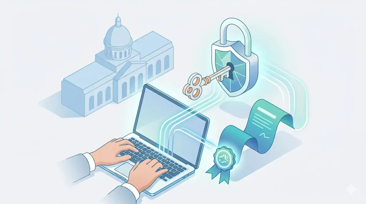 Ilustración de una persona operando desde una notebook con un documento electrónico certificado, un candado con llave y el edificio del banco de fondo