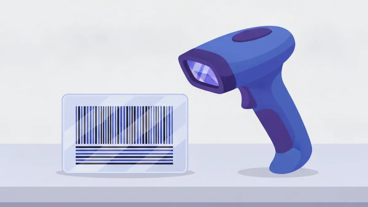 Ilustración de tres códigos distintos lado a lado sobre un mostrador: una línea de código de barras, un código PDF417 apilado y un código QR