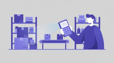 Ilustración de una persona sosteniendo un colector de datos con pantalla y teclado numérico mientras escanea una caja en un depósito