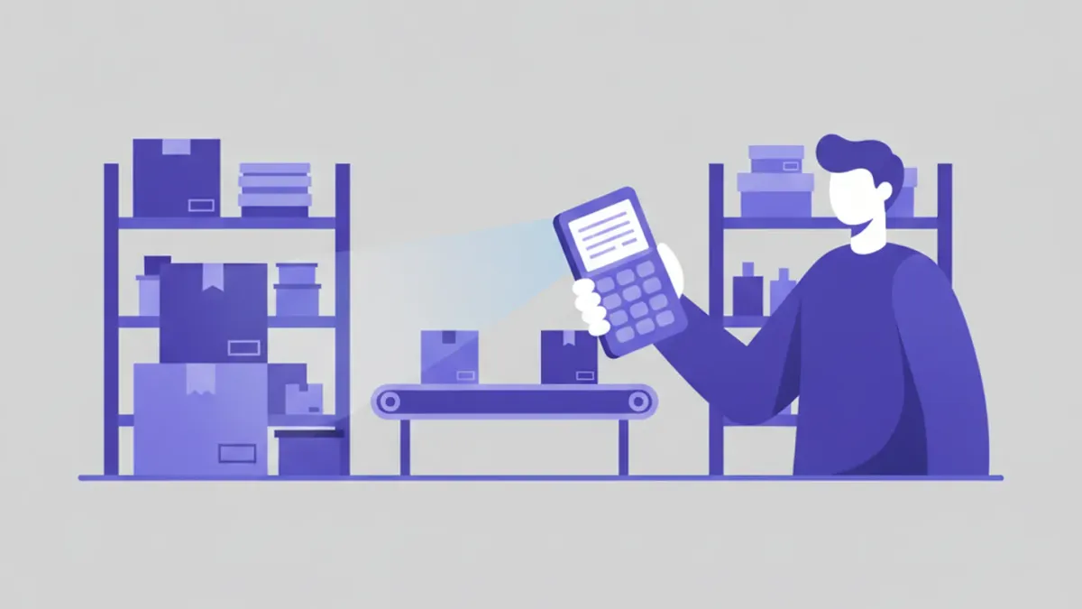 Ilustración de una persona sosteniendo un colector de datos con pantalla y teclado numérico mientras escanea una caja en un depósito