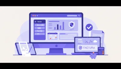 Persona gestionando trámites impositivos online en una computadora de escritorio en una oficina moderna