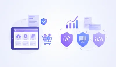 Ilustración vectorial de catálogo online con productos, facturación y logo ARCA en tonos violeta y azul
