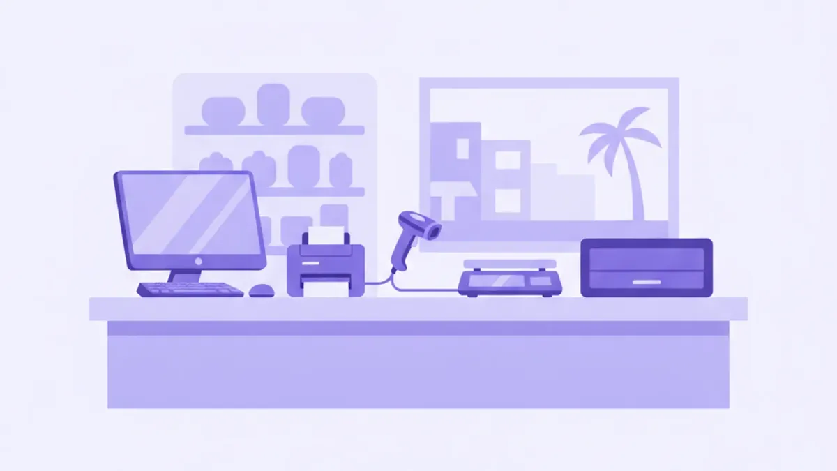 Ilustración de un mostrador de comercio con una PC, una impresora térmica, un lector de código de barras, una balanza y un cajón de dinero armados como un punto de venta completo