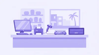 Ilustración de un mostrador de comercio con una PC, una impresora térmica, un lector de código de barras, una balanza y un cajón de dinero armados como un punto de venta completo