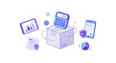 Ilustración vectorial de una caja con símbolos de envío y calculadora en tonos violeta y azul