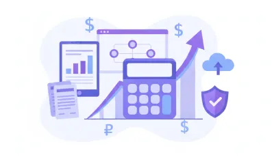 Ilustración vectorial de calculadora y gráficos de margen de ganancia en tonos violeta y azul