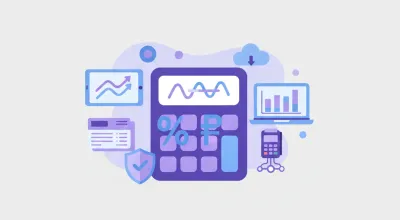 Ilustración vectorial de una calculadora con símbolo de porcentaje y signo de pesos argentinos, estilo flat violeta y azul