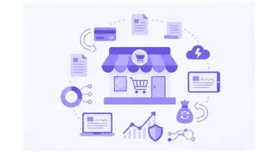 Ilustración flat vector violeta y azul de una tienda online con íconos de tarjetas y facturación electrónica