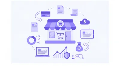 Ilustración flat vector violeta y azul de una tienda online con íconos de tarjetas y facturación electrónica