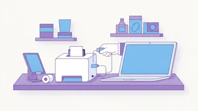 Ilustración de una mano conectando el cable USB de una impresora térmica a una notebook en el mostrador
