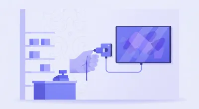 Ilustración de una mano conectando un cable HDMI desde una mini PC a una pantalla montada en la pared de un comercio