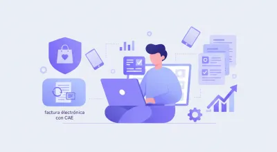 Ilustración flat vector violeta y azul de un emprendedor argentino vendiendo online con facturación electrónica