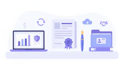 Escritorio de oficina con documentos societarios, un sello y una laptop representando el trámite de constitución de una SRL