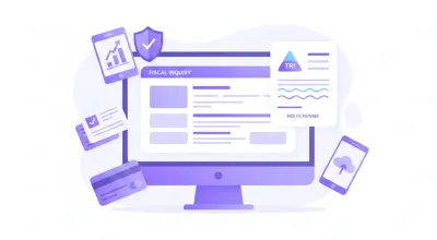 Ilustración flat de documentos de identificación fiscal y pantalla de consulta en línea, en tonos violeta y azul