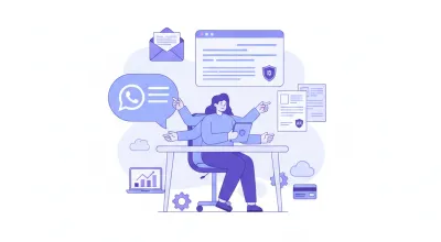 Ilustración vectorial de un agente de soporte atendiendo por WhatsApp, chat web y email con iconos de factura electrónica y CAE
