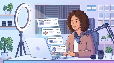 Creadora de contenido frente a su cámara y notebook gestionando facturas de YouTube AdSense, Twitch y marcas anunciantes
