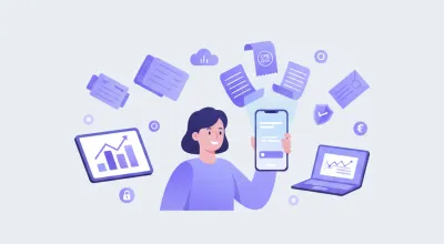 Ilustración de un emprendedor uruguayo emitiendo un ticket electrónico desde su celular, con íconos de la DGI y el BPS