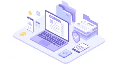 Escritorio de oficina moderno con laptop mostrando una factura electrónica y documentos societarios organizados
