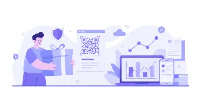 Ilustración vectorial flat estilo violeta/azul: cliente recibiendo paquete con factura digital, íconos de candado fiscal ARCA, corazón fidelización y gráfico de crecimiento LTV