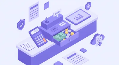 Mostrador de un comercio con la caja registradora abierta y los billetes ordenados para el cierre de caja diario