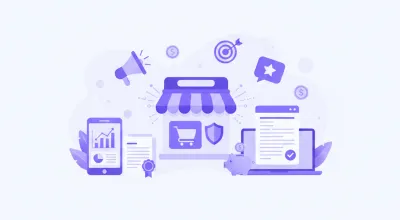 Ilustración flat vector violeta y azul de una tienda online con iconos de publicidad digital