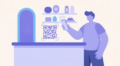 Ilustración de una persona apuntando la cámara de su celular hacia un código QR impreso sobre un mostrador para leerlo sin abrir ninguna aplicación