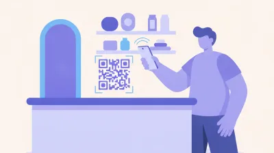 Ilustración de una persona apuntando la cámara de su celular hacia un código QR impreso sobre un mostrador para leerlo sin abrir ninguna aplicación