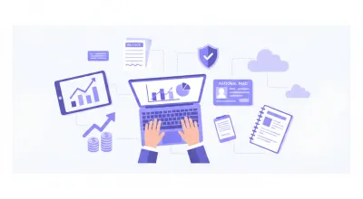 Persona completando un trámite de inscripción fiscal en una computadora con documento de identidad al lado