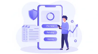 Ilustración vectorial flat de un monotributista pagando su cuota mensual desde el celular, con íconos de billetera digital, banco y calendario de vencimientos, en paleta violeta y azul estilo SaaS
