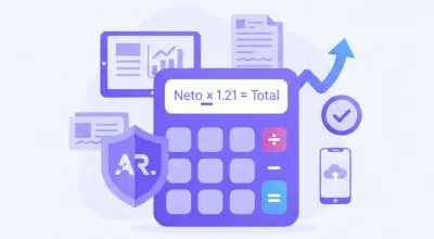 Infografía vectorial violeta y azul mostrando fórmula matemática para calcular IVA 21% y 10,5% sobre precio neto, con logos de ARCA y factura electrónica