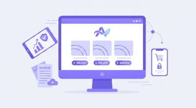 Ilustración flat vector violeta y azul de una tienda online personalizada con logo y colores de marca