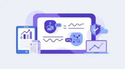 Ilustración vectorial plana estilo violeta/azul de una calculadora con iconos de impuestos argentinos (IVA, ARCA, Monotributo) y un carrito de compras online, fondo limpio sin texto