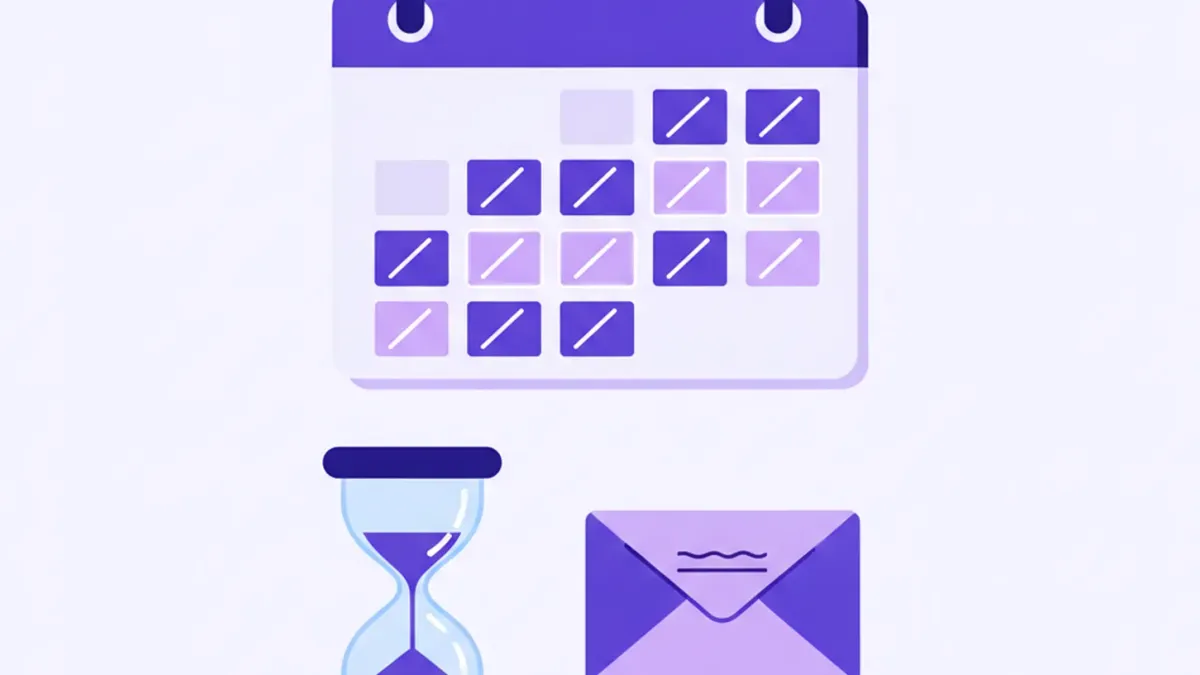 Calendario con días tachados en cuenta regresiva, reloj de arena y un sobre: cómo se calcula el preaviso