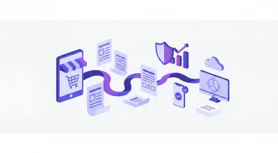 Ilustración flat vector violeta y azul de una tienda online con facturación electrónica